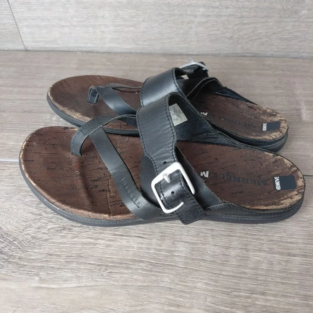 Merrell Sandals Womens 7 Black Leather Around Town Buckle Strappy Beach Thong